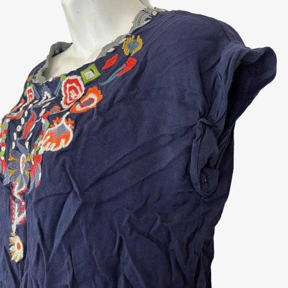 TEA N ROSE Embroidered Navy Blue Short Sleeve Pop Over Blouse Top Shirt Boho  S - Picture 5 of 16